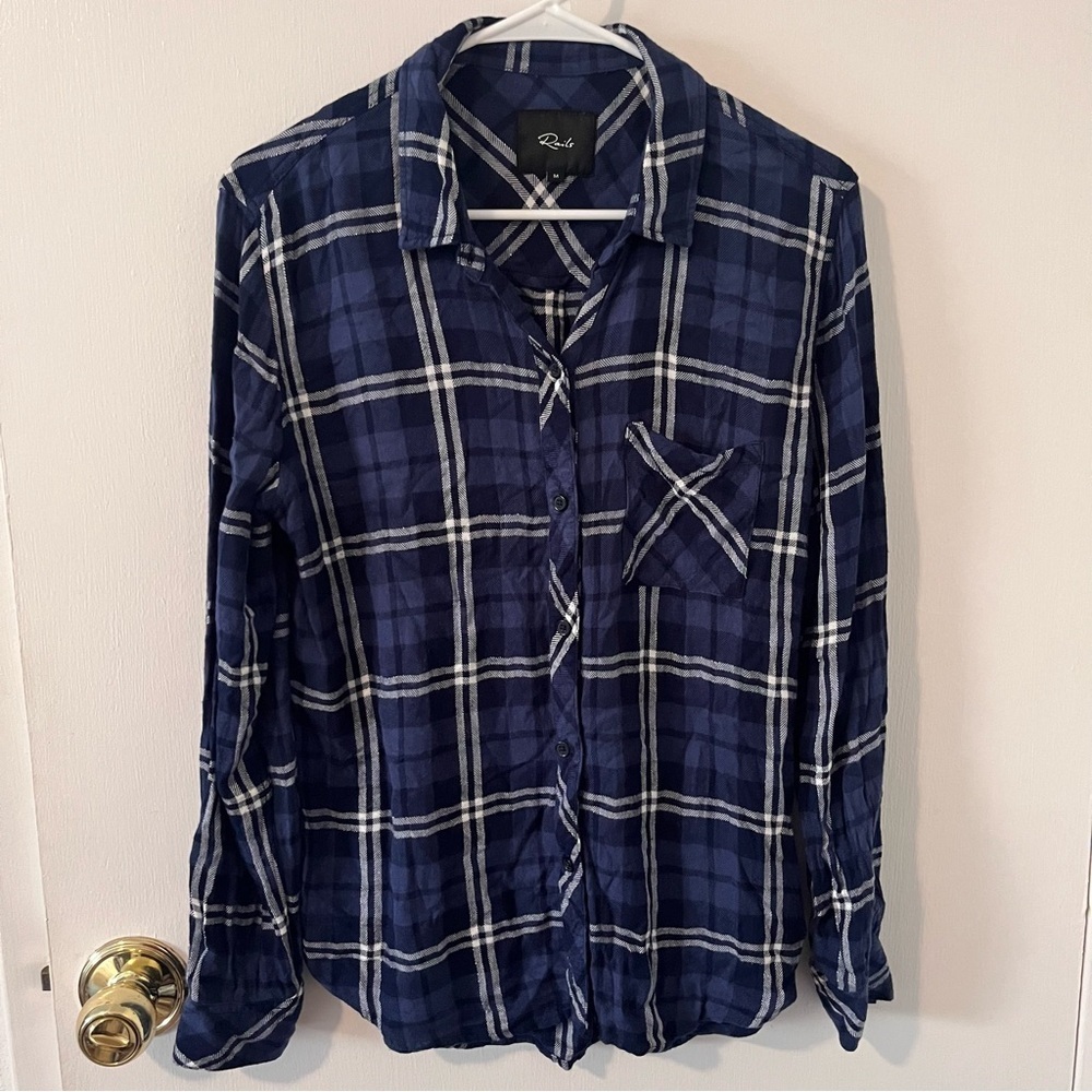 Rails Hunter Shirt Midnight White Blue Plaid Metallic Sparkle Rayon Size Medium